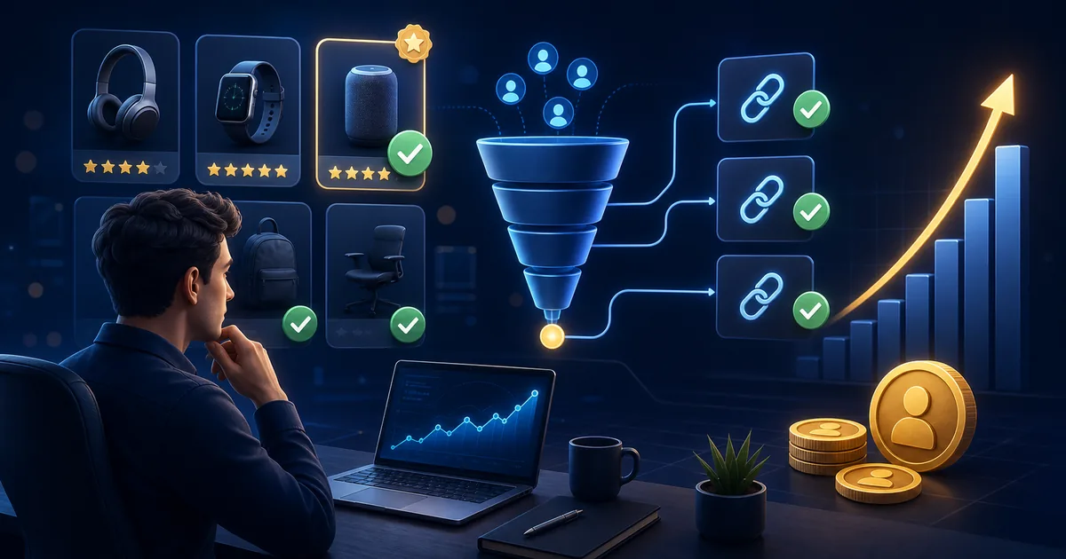 Affiliate marketer evaluating verified products, conversion links, and commission analytics