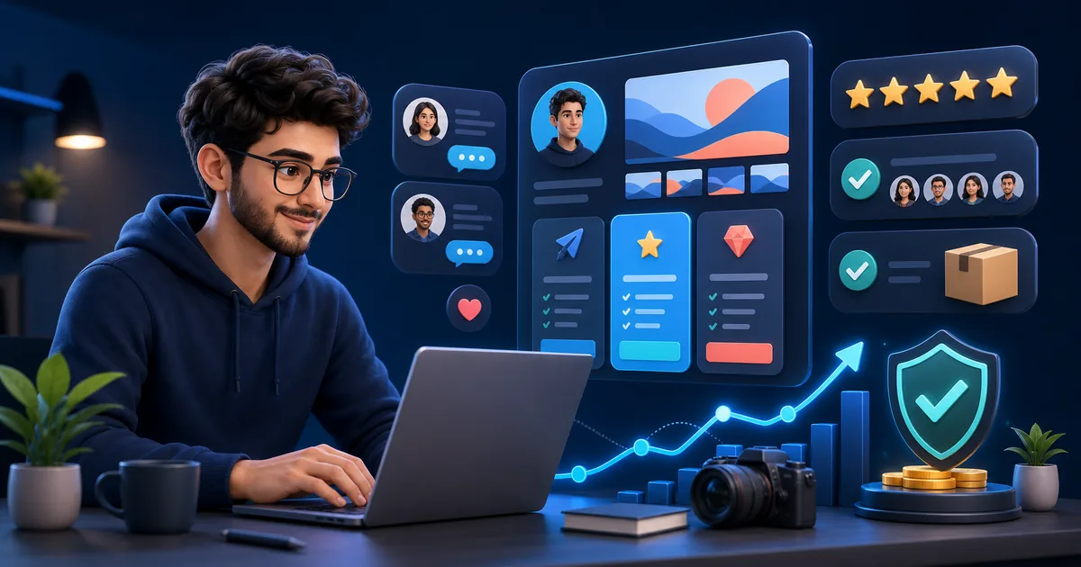Freelancer creating service packages with client messages, ratings, orders, and payout growth