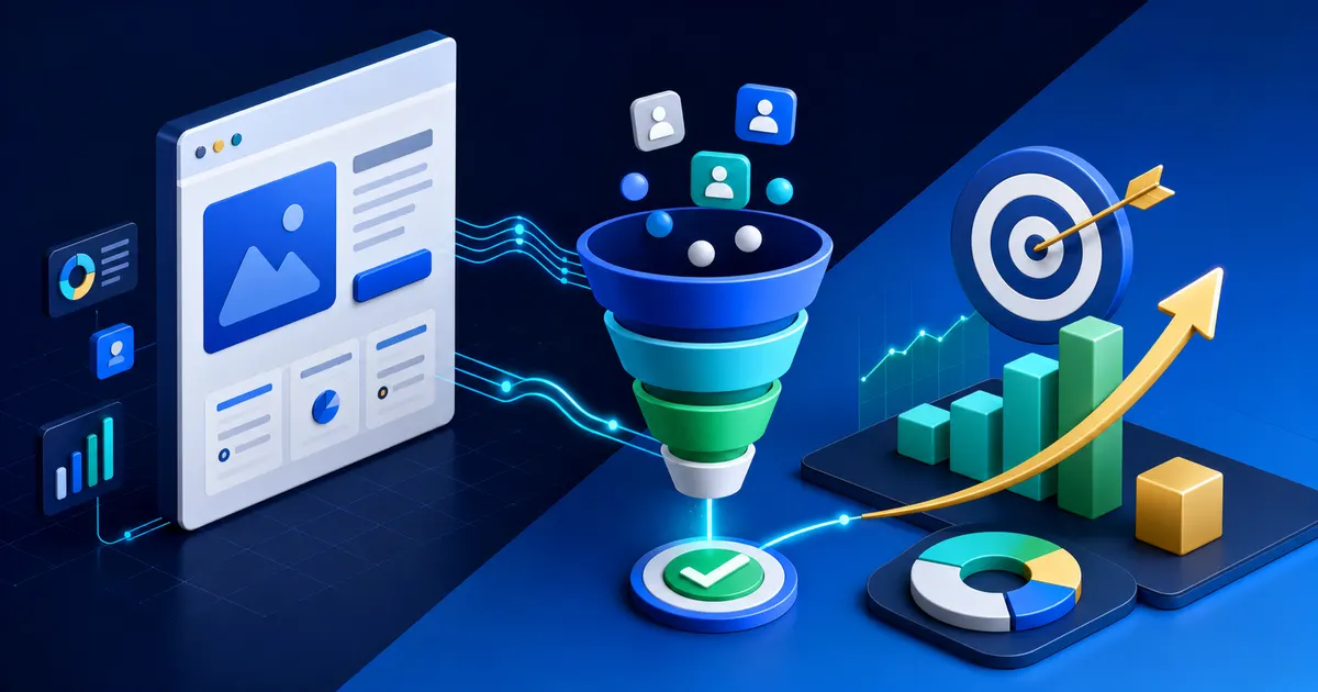PPC landing page flowing through an analytics funnel toward verified conversions
