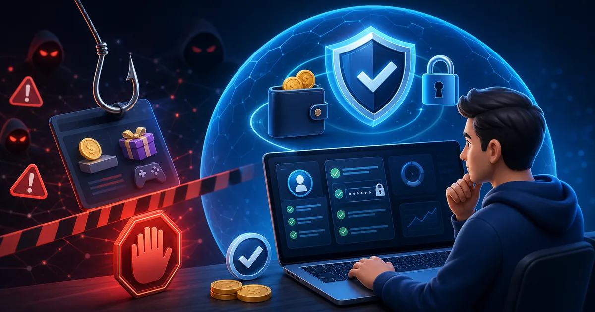 Online earner protected from phishing, fake offers, and account attacks by security controls