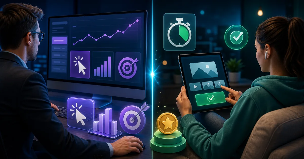 Split view comparing PPC campaign analytics with PTC tasks and rewards