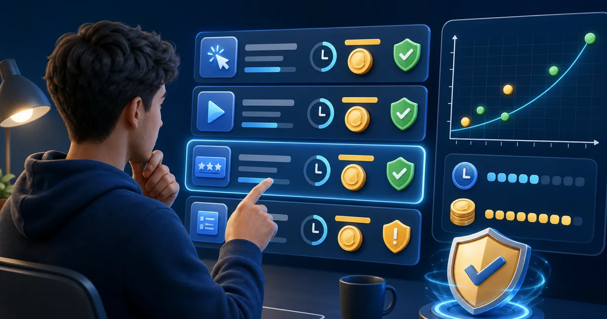 User comparing verified PTC tasks by time, reward, quality, and safety